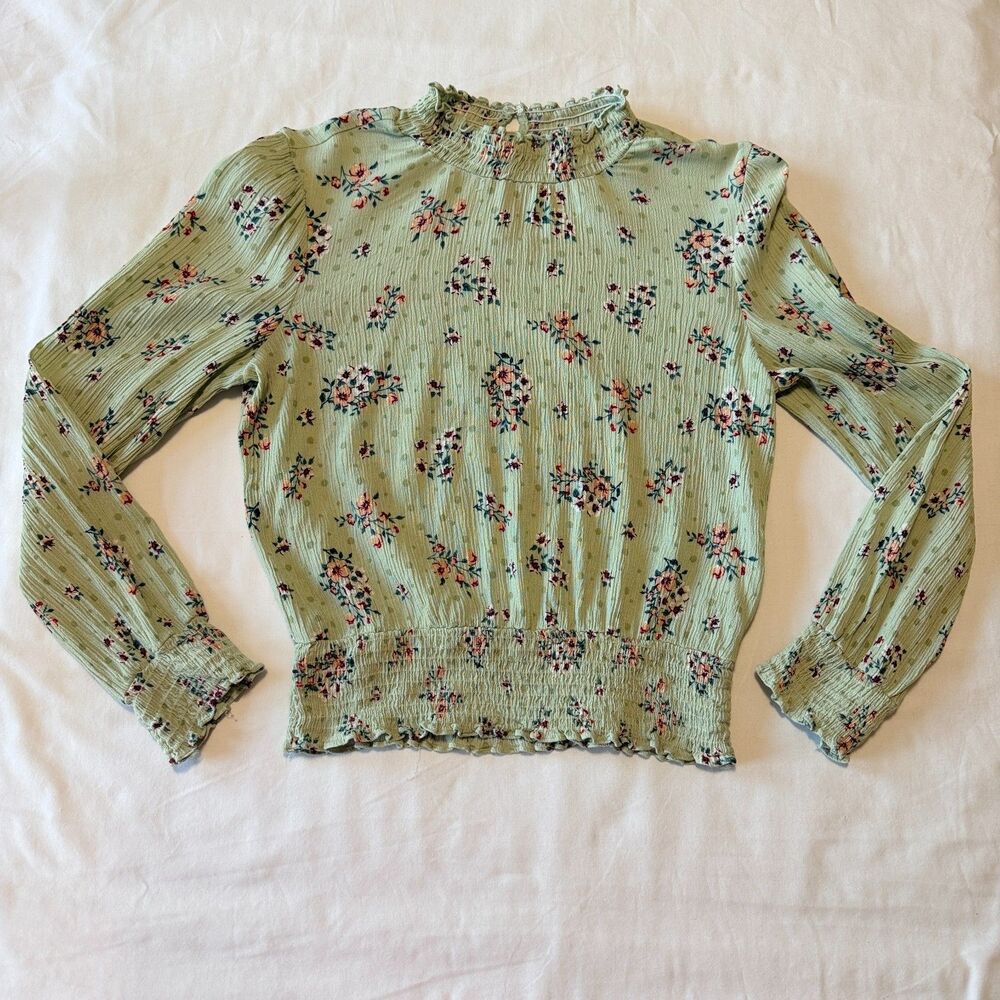 Evolutionary Mint Green Floral Smocked Mock Neck Blouse Size M (Made in USA)